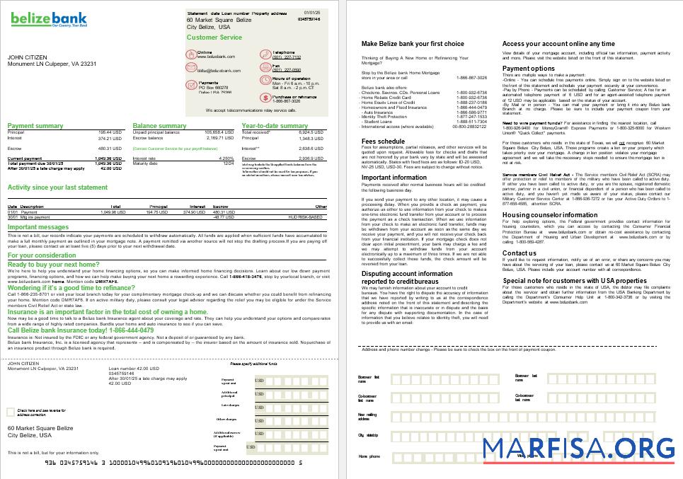 Printable USA Belize Bank mortgage statement in Word and PDF formats, 2 pages real example